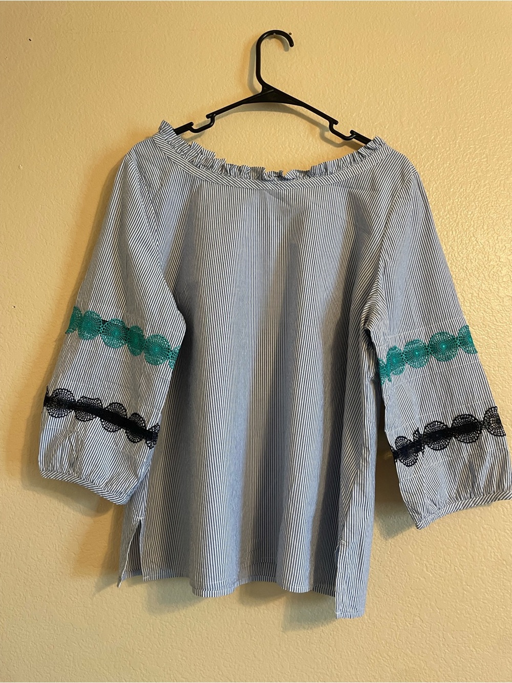Striped Blouse with Teal and Black Lace Trim